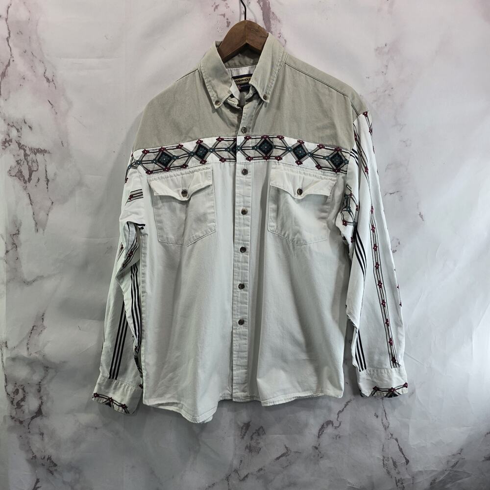 Vintage Western Shirt Mens Medium White Tan Button Down Cowboy Panhandle Slim